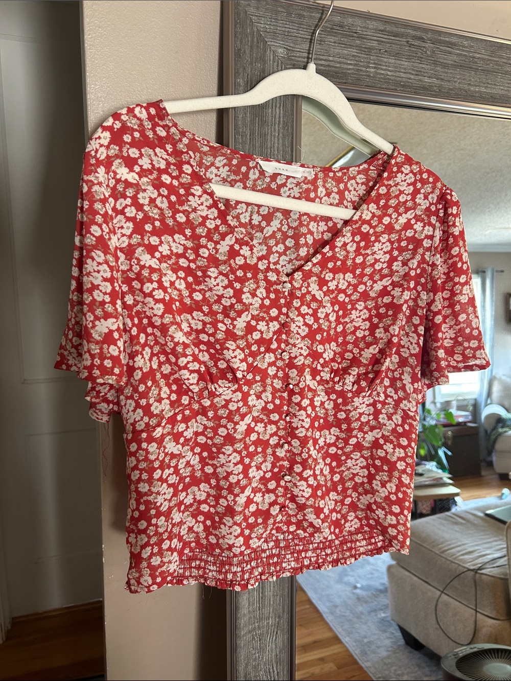 Lush Red and White Floral V-Neck Blouse